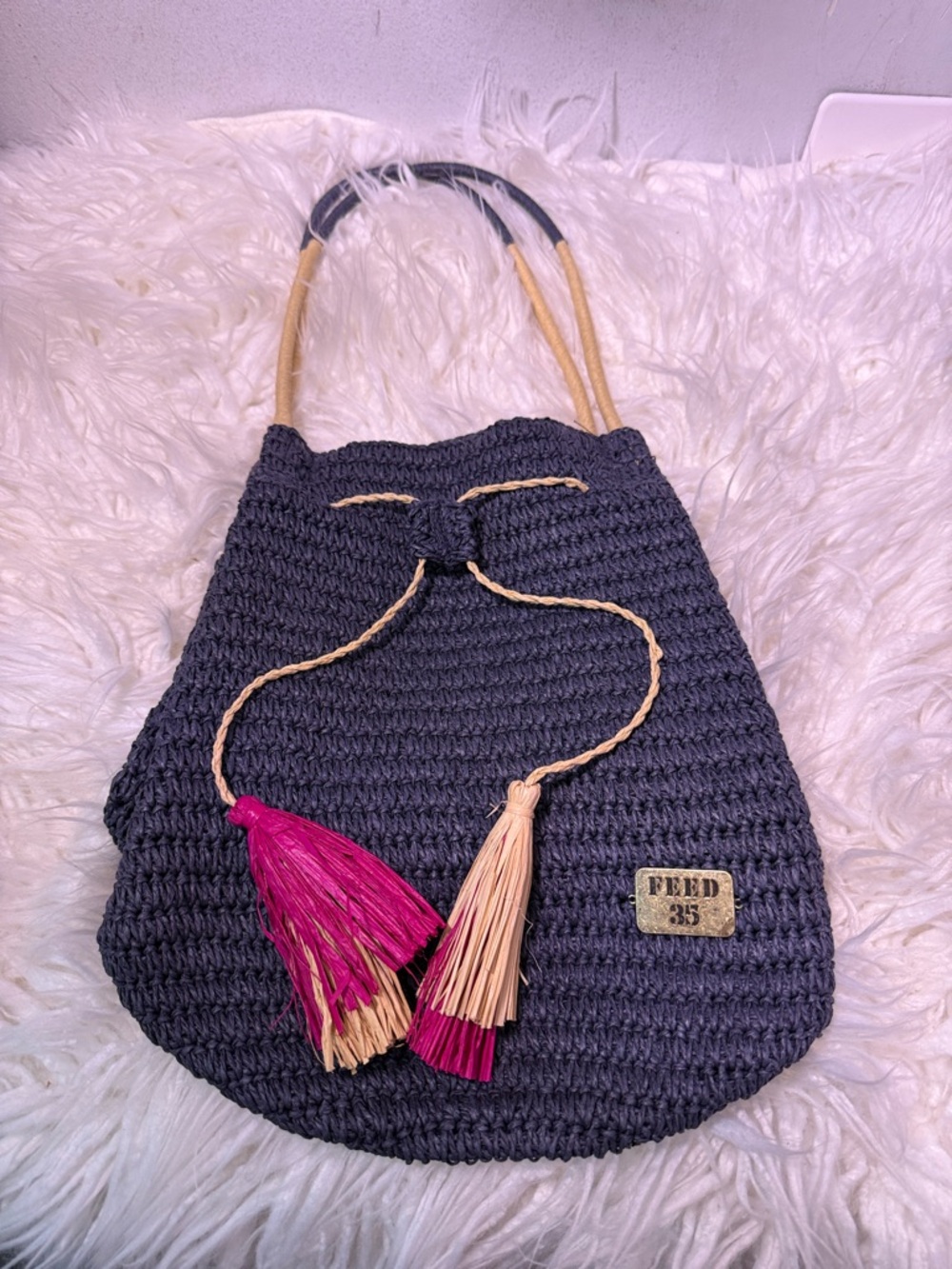 FEED Blue Woven Drawstring Tote with Pink Tassels medium